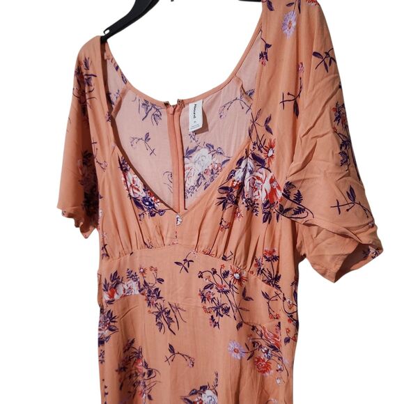 Abound Dress XL Orange Floral VNeck Back Zip Knee Length Short Sleeve - Picture 2 of 10